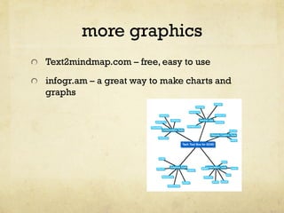 more graphics
"   Text2mindmap.com – free, easy to use
"

infogr.am – a great way to make charts and
graphs

 
