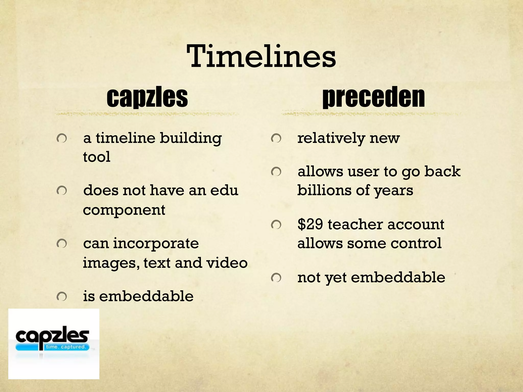 Timelines
capzles
"   a timeline building
tool
"   does not have an edu
component
"   can incorporate
images, text and video
"   is embeddable
preceden
"   relatively new
"   allows user to go back
billions of years
"   $29 teacher account
allows some control
"   not yet embeddable
 