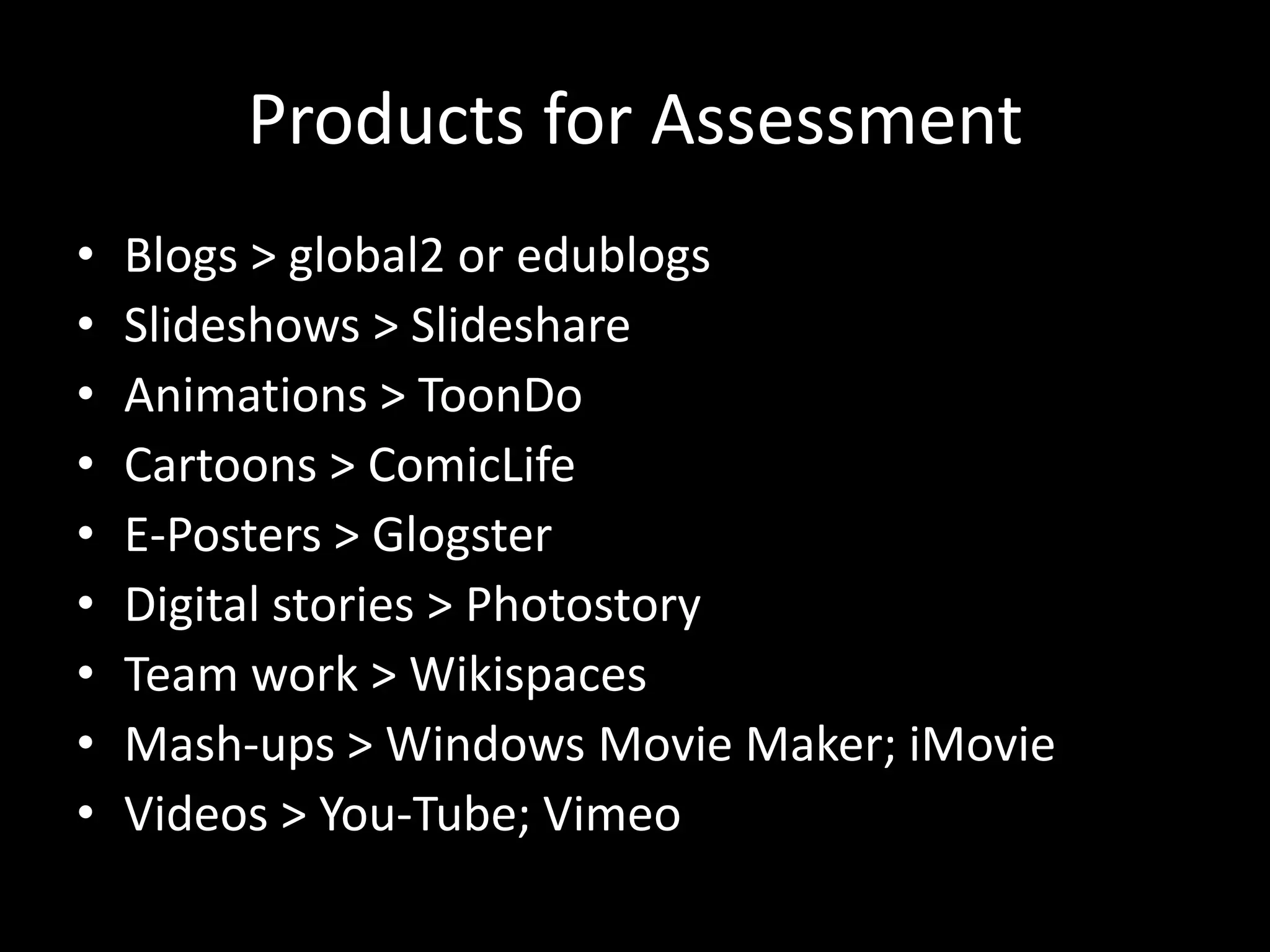 Products for Assessment
•
•
•
•
•
•
•
•
•

Blogs > global2 or edublogs
Slideshows > Slideshare
Animations > ToonDo
Cartoons > ComicLife
E-Posters > Glogster
Digital stories > Photostory
Team work > Wikispaces
Mash-ups > Windows Movie Maker; iMovie
Videos > You-Tube; Vimeo

 
