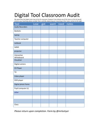 Digital Tool Classroom Audit
We appreciate that digital tools may not be for everyone; however if you believe any of the items on this list would
enhance your teaching, please consider them carefully, explaining your reasoning on the ‘notes’ section to the right.
Tool Lose got want need notes
Audio Recorders
Beebots
laptop
Teacher computer
netbook
tablet
projector
Interactive
Whiteboard
Visualiser
Digital camera
CD Player
TV
Video player
DVD player
Digital photo frame
Pupil computer (s)
other
Class:
Please return upon completion. Form by @mrlockyer
 
