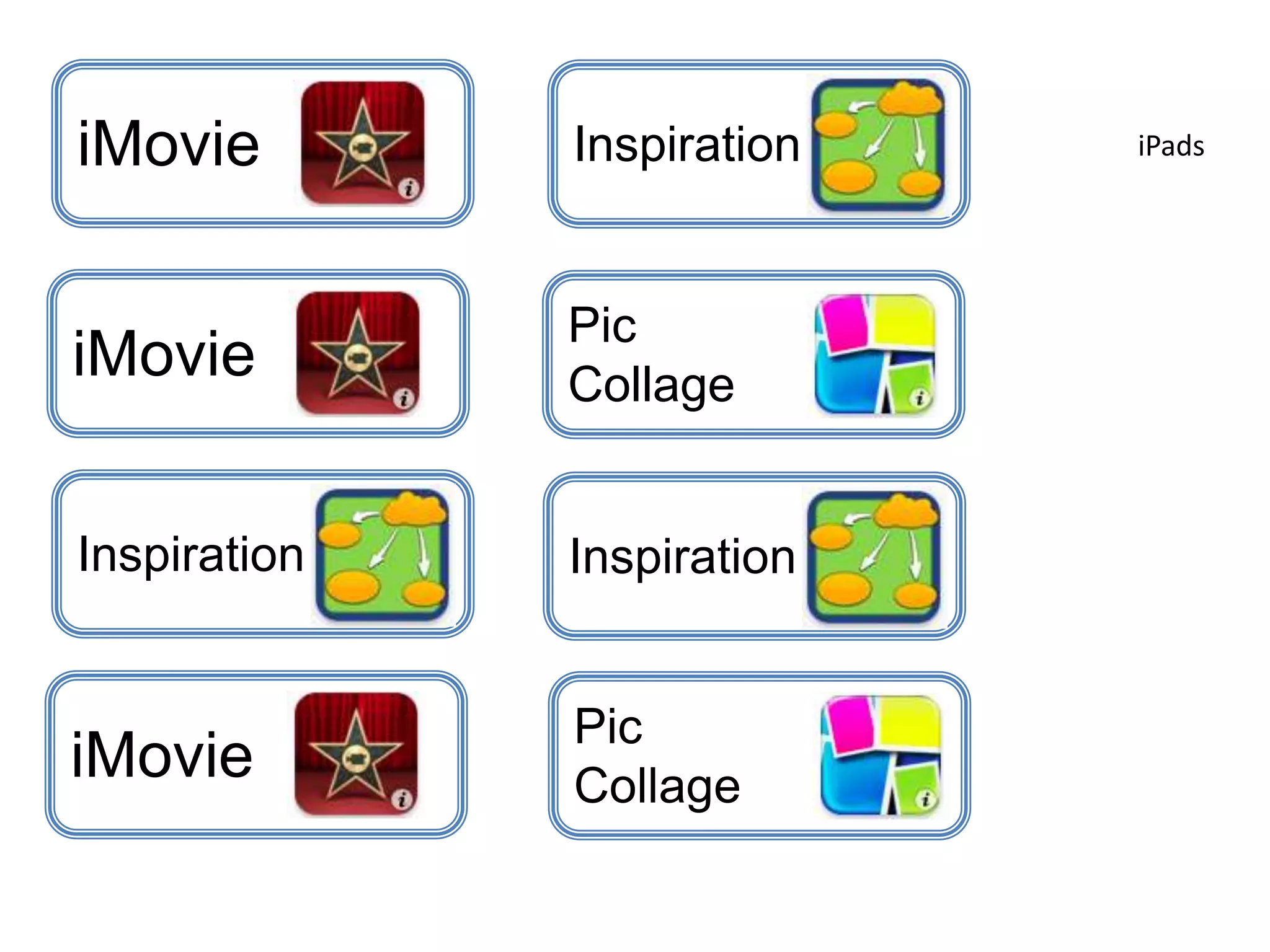 iMovie
Pic
Collage
iPadsInspiration
Inspiration Inspiration
iMovie
Pic
Collage
iMovie