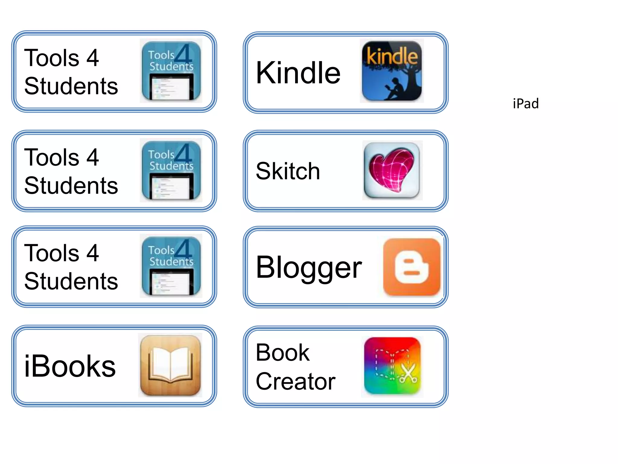 Tools 4
Students
iBooks
Kindle
Skitch
iPad
Tools 4
Students
Tools 4
Students
Book
Creator
Blogger