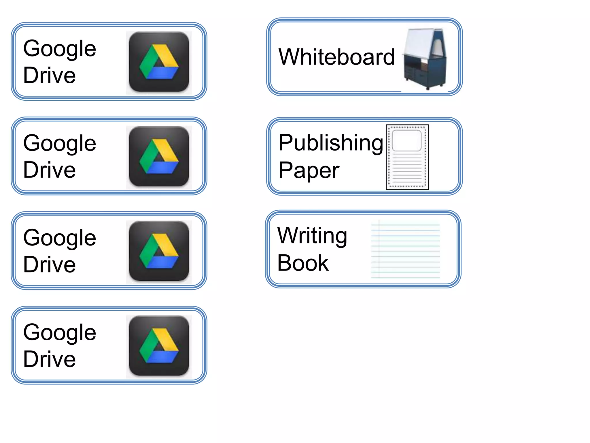 Google
Drive
Google
Drive
Google
Drive
Google
Drive
Publishing
Paper
Whiteboard
Writing
Book