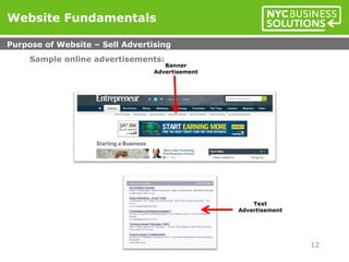 Sample online advertisements:
Website Fundamentals
Purpose of Website – Sell Advertising
12
Banner
Advertisement
Text
Advertisement
 