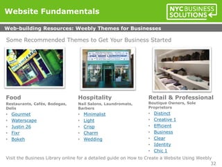 32
Hospitality
Nail Salons, Laundromats,
Barbers
• Minimalist
• Light
• Crisp
• Charm
• Wedding
Food
Restaurants, Cafés, Bodegas,
Delis
• Gourmet
• Waterscape
• Justin 26
• Fixr
• Bokeh
Retail & Professional
Boutique Owners, Sole
Proprietors
• Distinct
• Creative 1
• Efficient
• Business
• Clear
• Identity
• Chic 1
Some Recommended Themes to Get Your Business Started
Website Fundamentals
Web-building Resources: Weebly Themes for Businesses
Visit the Business Library online for a detailed guide on How to Create a Website Using Weebly
 