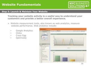 Tracking your website activity is a useful way to understand your
customers and provide a better overall experience.
 Website measurement tools, also known as web analytics, measure
website performance. Web analytics include:
• Google Analytics
• Clicky
• Crazy Egg
• Optimizely
Website Fundamentals
Step 5: Launch & Maintain Your Website
36
 