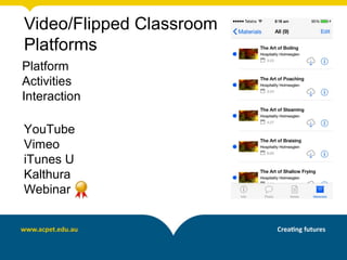 Video/Flipped Classroom
Platforms
Platform
Activities
Interaction
YouTube
Vimeo
iTunes U
Kalthura
Webinar
 