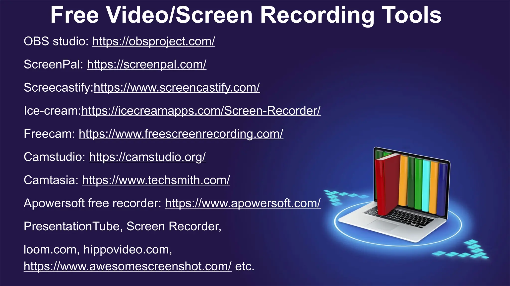 Free Video/Screen Recording Tools
OBS studio: https://obsproject.com/
ScreenPal: https://screenpal.com/
Screecastify:https://www.screencastify.com/
Ice-cream:https://icecreamapps.com/Screen-Recorder/
Freecam: https://www.freescreenrecording.com/
Camstudio: https://camstudio.org/
Camtasia: https://www.techsmith.com/
Apowersoft free recorder: https://www.apowersoft.com/
PresentationTube, Screen Recorder,
loom.com, hippovideo.com,
https://www.awesomescreenshot.com/ etc.
 