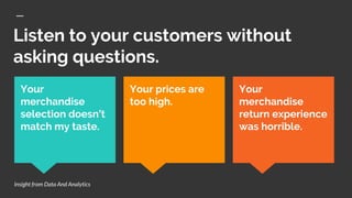 Listen to your customers without
asking questions.
Your
merchandise
return experience
was horrible.
Your
merchandise
selection doesn’t
match my taste.
Your prices are
too high.
Insight from Data And Analytics
 
