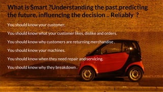 What is Smart ?Understanding the past,predicting
the future, influencing the decision .. Reliably ?
You should know your customer.
You should know what your customer likes, dislike and orders.
You should know why customers are returning merchandise .
You should know your machines.
You should know when they need repair and servicing.
You should know why they breakdown .
 
