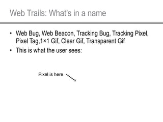 Web Trails: What’s in a name <ul><li>Web Bug, Web Beacon, Tracking Bug, Tracking Pixel, Pixel Tag,1×1 Gif, Clear Gif, Tran...