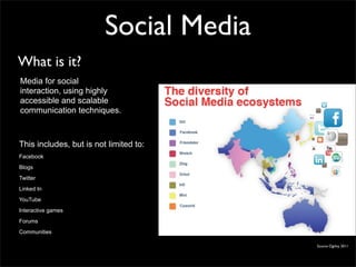 Social Media
What is it?
Media for social
interaction, using highly
accessible and scalable
communication techniques.



This includes, but is not limited to:
Facebook
Blogs
Twitter
Linked In
YouTube
Interactive games
Forums
Communities

                                        Source Ogiilvy 2011
 