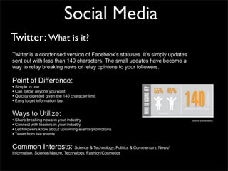 Social Media
Twitter: What is it?
Twitter is a condensed version of Facebook’s statuses. It’s simply updates
sent out with less than 140 characters. The small updates have become a
way to relay breaking news or relay opinions to your followers.

Point of Difference:
• Simple to use
• Can follow anyone you want
• Quickly digested given the 140 character limit
• Easy to get information fast

Ways to Utilize:
• Share breaking news in your industry                                       Source Econsultancy
• Connect with leaders in your industry
• Let followers know about upcoming events/promotions
• Tweet from live events

Common Interests: Science & Technology, Politics & Commentary, News/
Information, Science/Nature, Technology, Fashion/Cosmetics
 