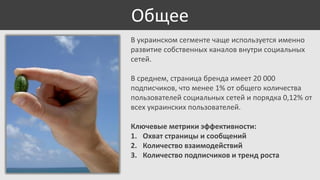 Общее
В украинском сегменте чаще используется именно
развитие собственных каналов внутри социальных
сетей.
В среднем, страница бренда имеет 20 000
подписчиков, что менее 1% от общего количества
пользователей социальных сетей и порядка 0,12% от
всех украинских пользователей.

Ключевые метрики эффективности:
1. Охват страницы и сообщений
2. Количество взаимодействий
3. Количество подписчиков и тренд роста

 