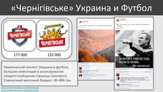 «Чернігівське» Украина и Футбол

177 000

152 000

Тематический контент (Украина и футбол).
Большие инвестиции в анонсирование
каждого сообщения страницы (контекст).
Совокупный месячный бюджет: 60–80К грн.
https://www.facebook.com/Chernigivske
https://www.facebook.com/CheFootball

 