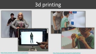 3d printing

http://www.youtube.com/watch?v=xzoq4Uzw9Cw

http://www.youtube.com/watch?v=xQx6YeoKVwU

 