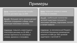 Примеры
Цель: повысить количество онлайн
заказов доставки еды на 20%

Цель: повысить знание о новом
печенье со злаками

Инсайт: большую часть заказов делают
офисные сотрудники к обеду, чаще
используя поисковые системы

Инсайт: наибольшее количество
целевой аудитории пользуется
женскими сайтами, порталами, почтой
и читает новости

Стратегия: повысить инвестиции в
поисковую рекламу на 20-30%, с
учетом таргетинга по ключевым
словам, времени и географии.

Стратегия: за минимальный бюджет,
используя баннерные размещения
охватить от 60% до 70% целевой
аудитории с частотой 5+

 