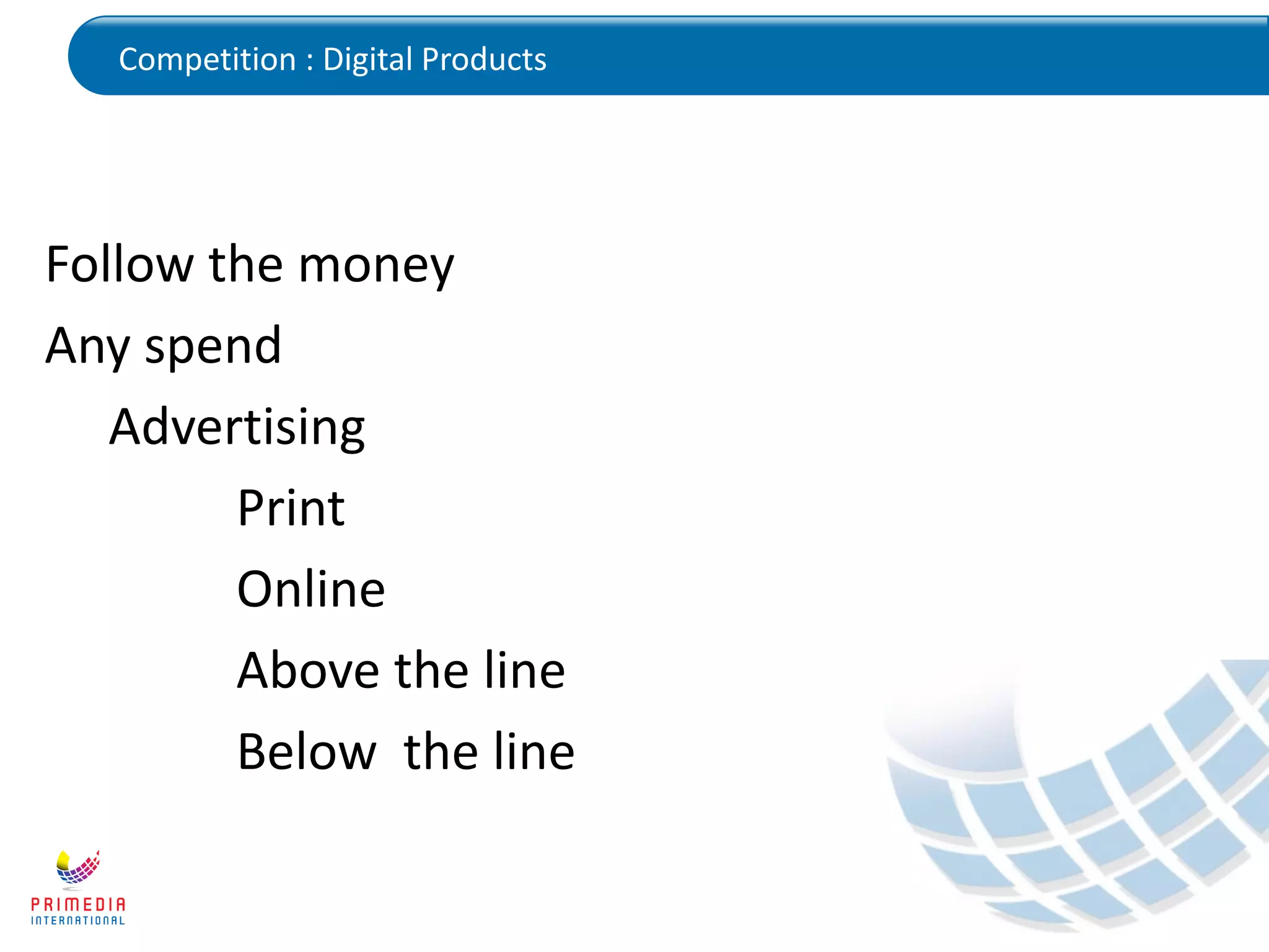 Competition : Digital Products
Follow the money
Any spend
Advertising
Print
Online
Above the line
Below the line
 