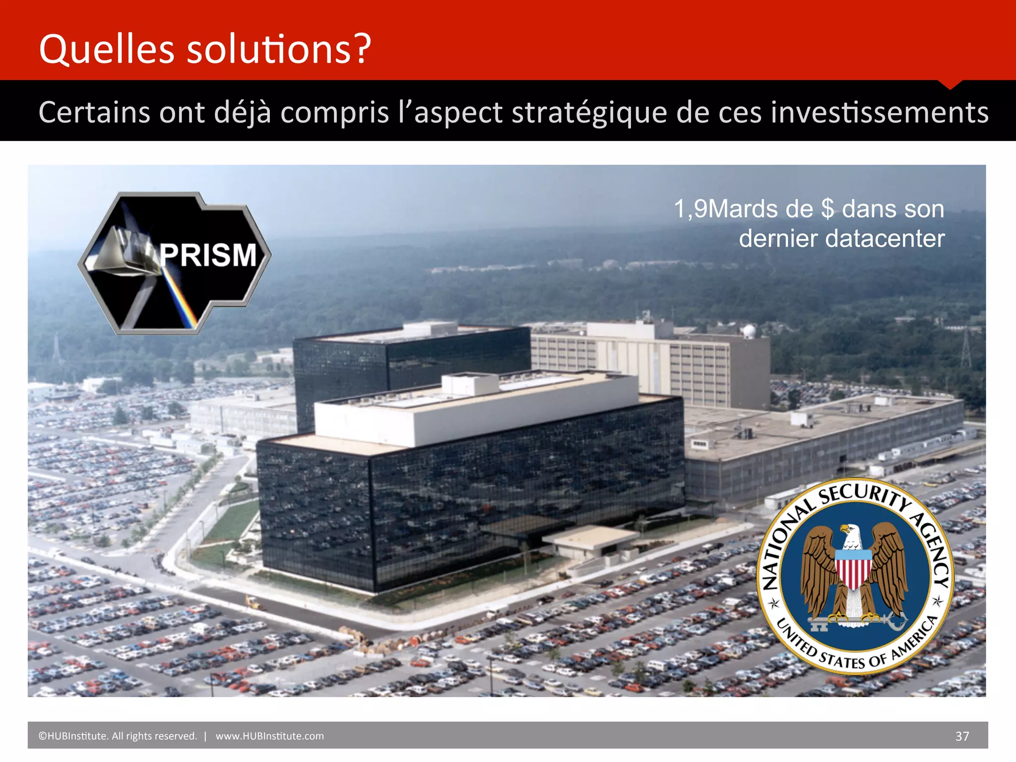 Quelles	
  solu)ons?	
  
Certains	
  ont	
  déjà	
  compris	
  l’aspect	
  stratégique	
  de	
  ces	
  inves)ssements	
  
	
  	
  
©HUBIns)tute.	
  All	
  rights	
  reserved.	
  	
  |	
  	
  	
  www.HUBIns)tute.com	
   37	
  	
  
1,9Mards de $ dans son
dernier datacenter
 