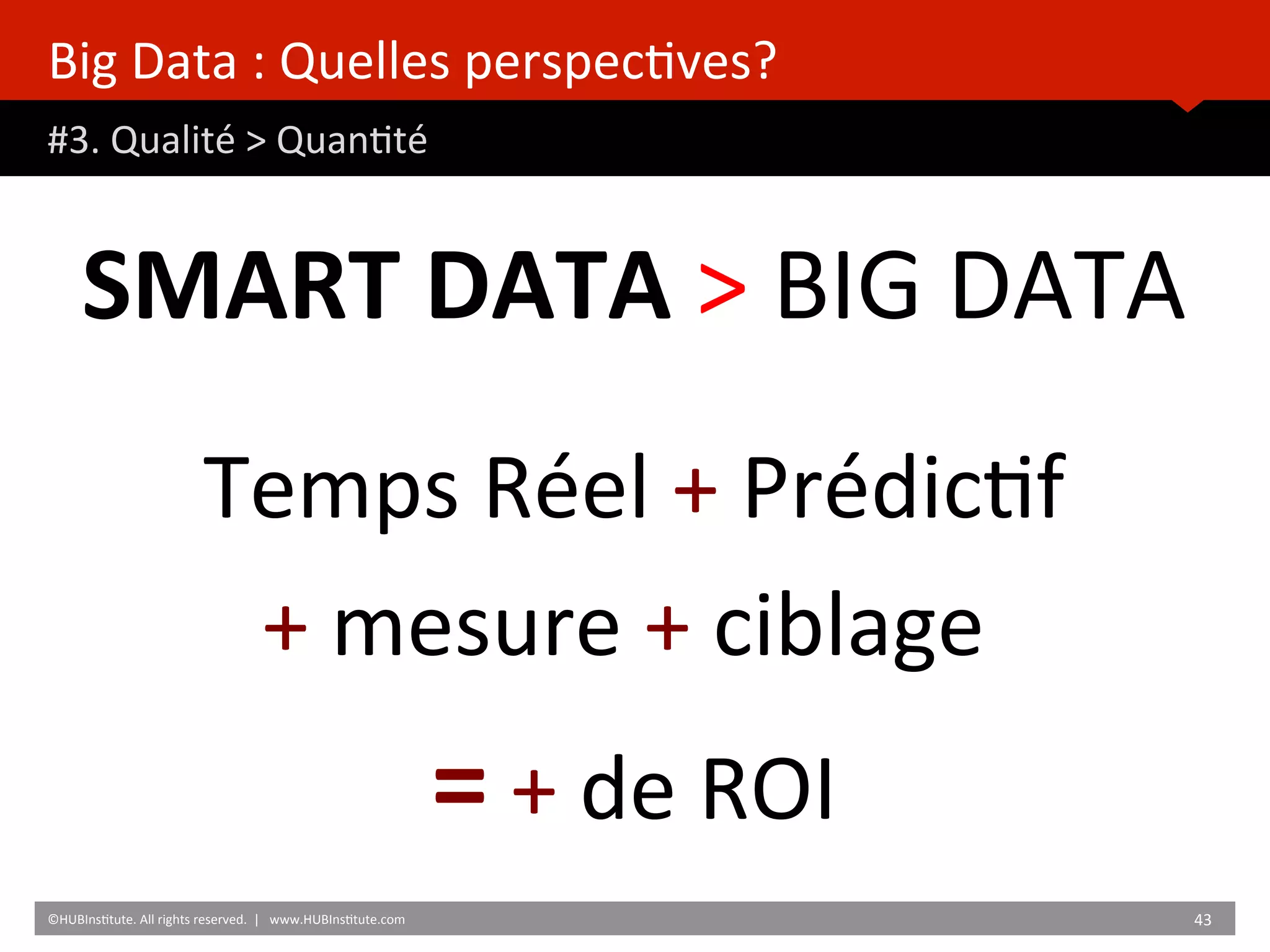 Big	
  Data	
  :	
  Quelles	
  perspec)ves?	
  
#3.	
  Qualité	
  >	
  Quan)té	
  
	
  	
  
©HUBIns)tute.	
  All	
  rights	
  reserved.	
  	
  |	
  	
  	
  www.HUBIns)tute.com	
   43	
  	
  
SMART	
  DATA	
  >	
  BIG	
  DATA	
  
	
  
Temps	
  Réel	
  +	
  Prédic)f	
  
+	
  mesure	
  +	
  ciblage	
  	
  
=	
  +	
  de	
  ROI	
  
 