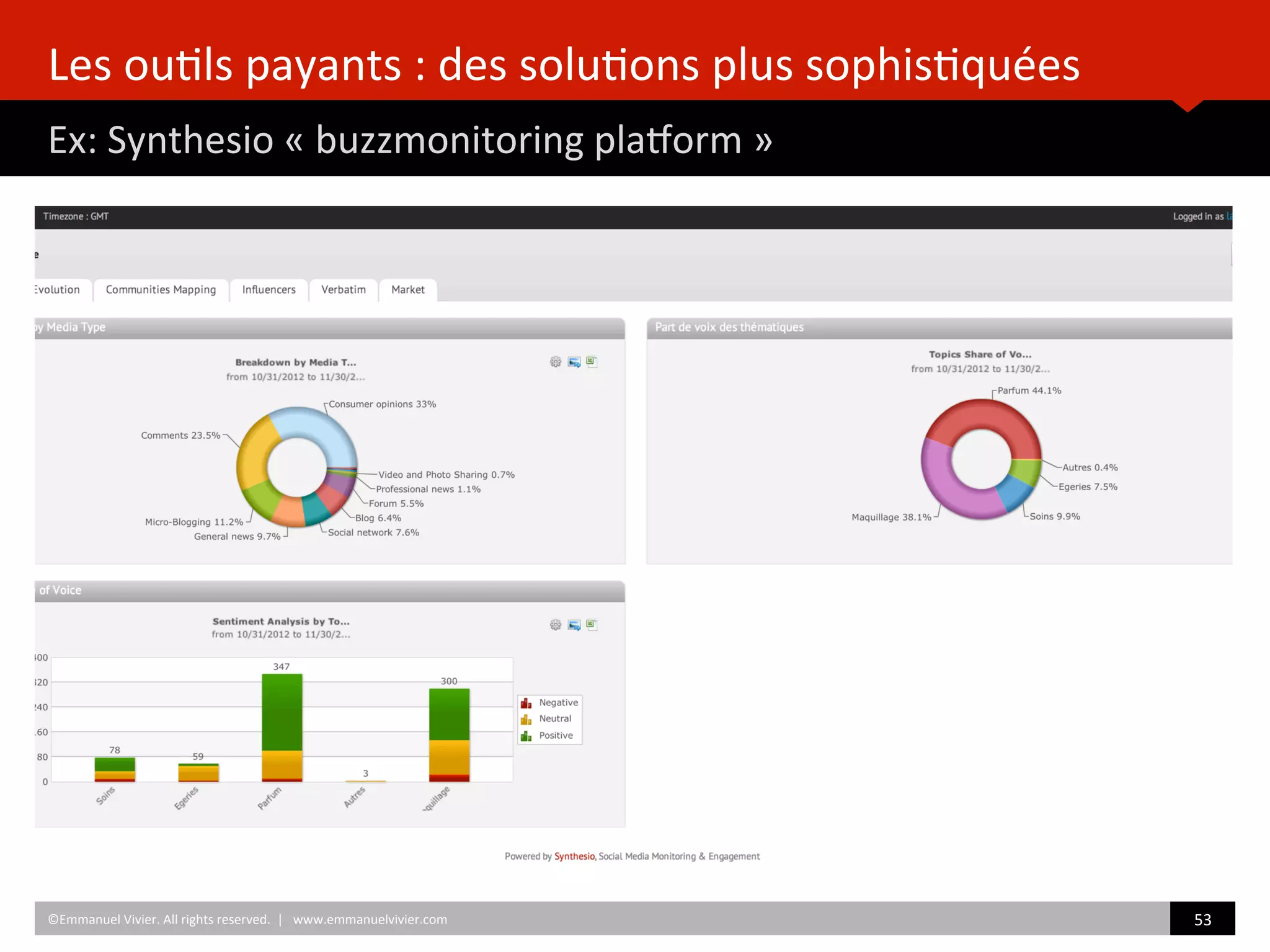 Les	
  ou)ls	
  payants	
  :	
  des	
  solu)ons	
  plus	
  sophis)quées	
  
Ex:	
  Synthesio	
  «	
  buzzmonitoring	
  plaˆorm	
  »	
  
	
  	
  
©Emmanuel	
  Vivier.	
  All	
  rights	
  reserved.	
  	
  |	
  	
  	
  www.emmanuelvivier.com	
   53	
  	
  
 