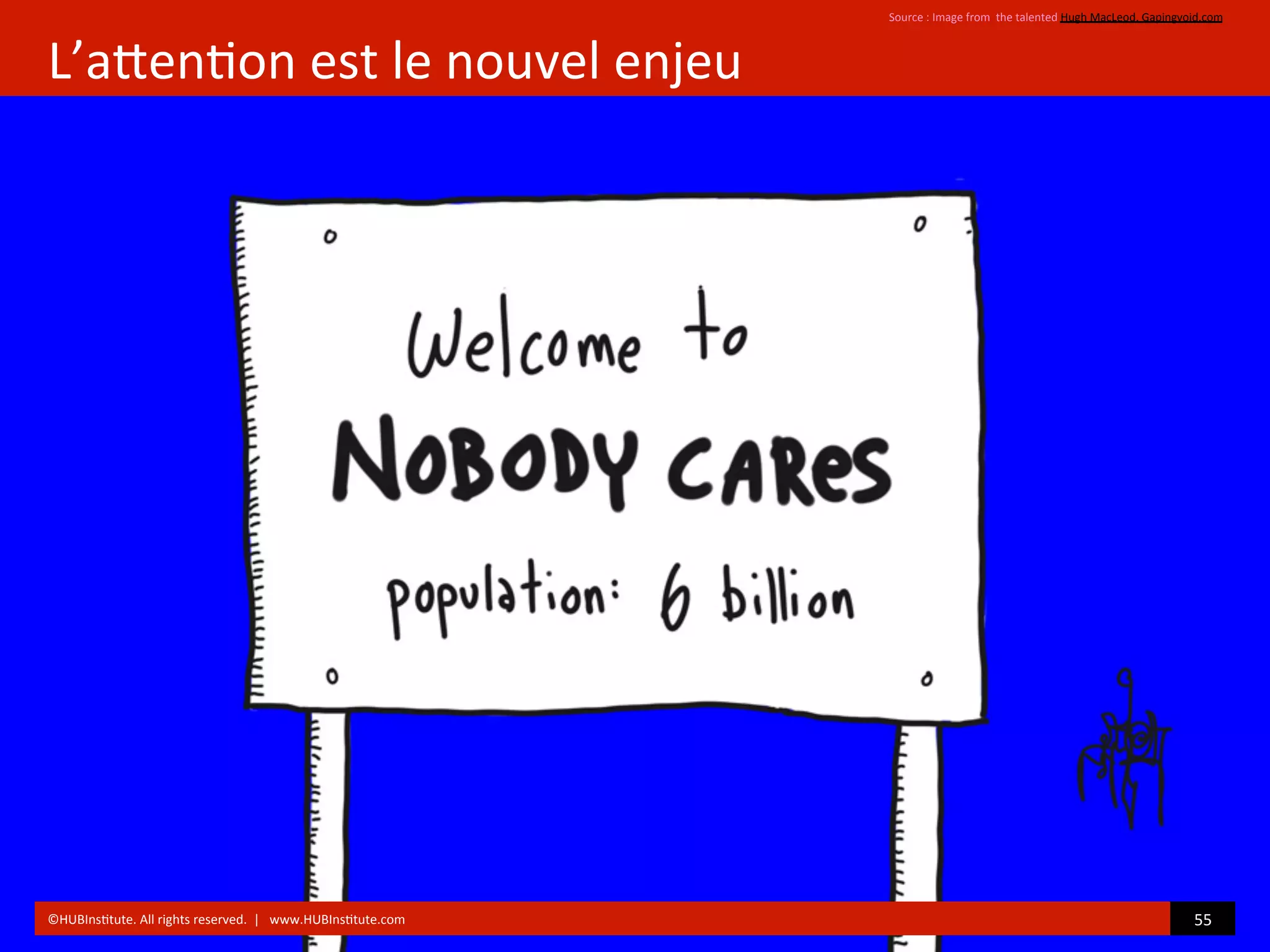 L’aZen)on	
  est	
  le	
  nouvel	
  enjeu	
  
Source	
  :	
  Image	
  from	
  	
  the	
  talented	
  Hugh	
  MacLeod,	
  Gapingvoid.com	
  
55	
  	
  ©HUBIns)tute.	
  All	
  rights	
  reserved.	
  	
  |	
  	
  	
  www.HUBIns)tute.com	
  
 