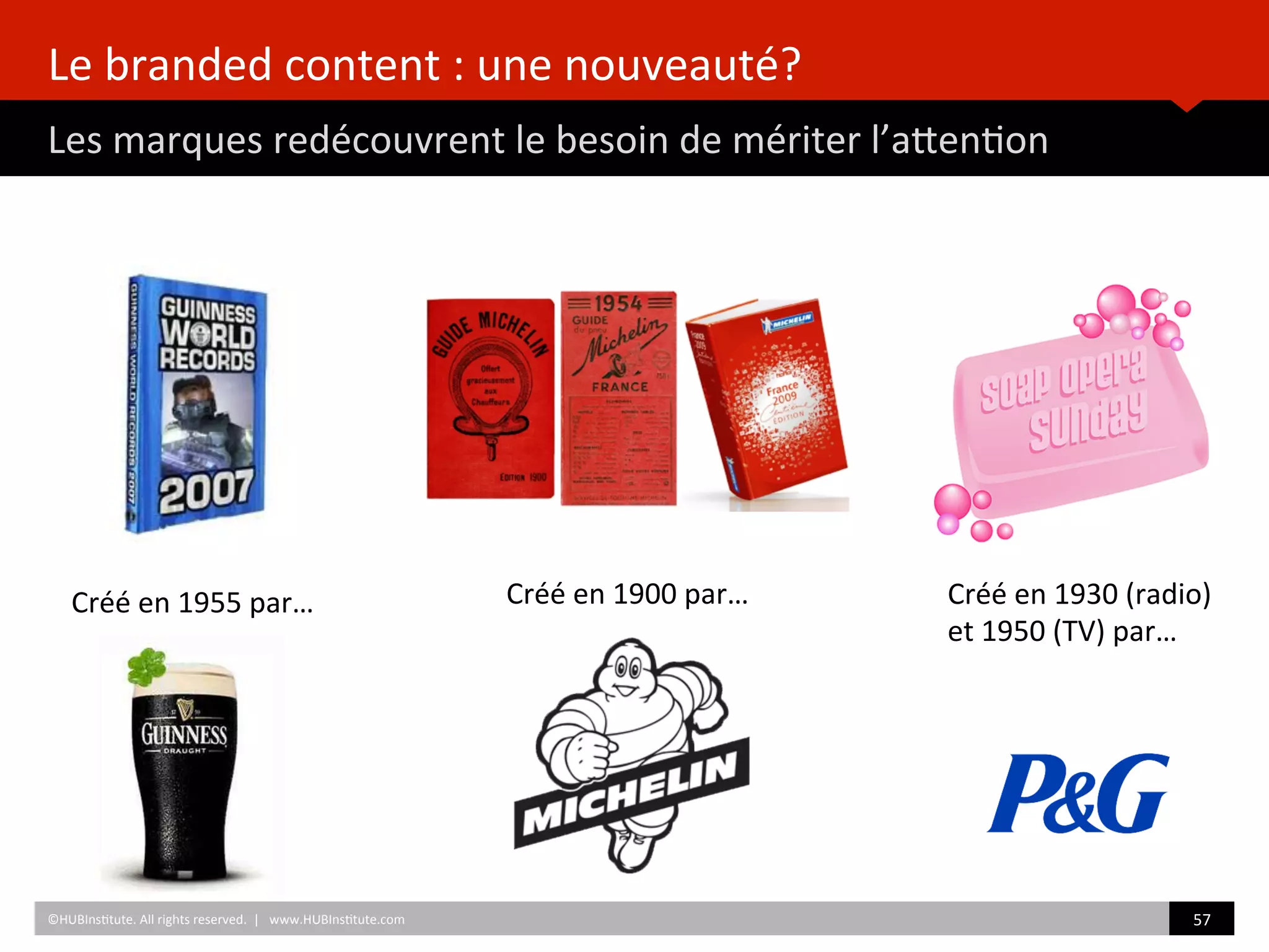 Le	
  branded	
  content	
  :	
  une	
  nouveauté?	
  
Les	
  marques	
  redécouvrent	
  le	
  besoin	
  de	
  mériter	
  l’aZen)on	
  
	
  	
  
©HUBIns)tute.	
  All	
  rights	
  reserved.	
  	
  |	
  	
  	
  www.HUBIns)tute.com	
   57	
  	
  
Créé	
  en	
  1955	
  par…	
  	
   Créé	
  en	
  1900	
  par…	
  	
   Créé	
  en	
  1930	
  (radio)	
  	
  
et	
  1950	
  (TV)	
  par…	
  	
  
 