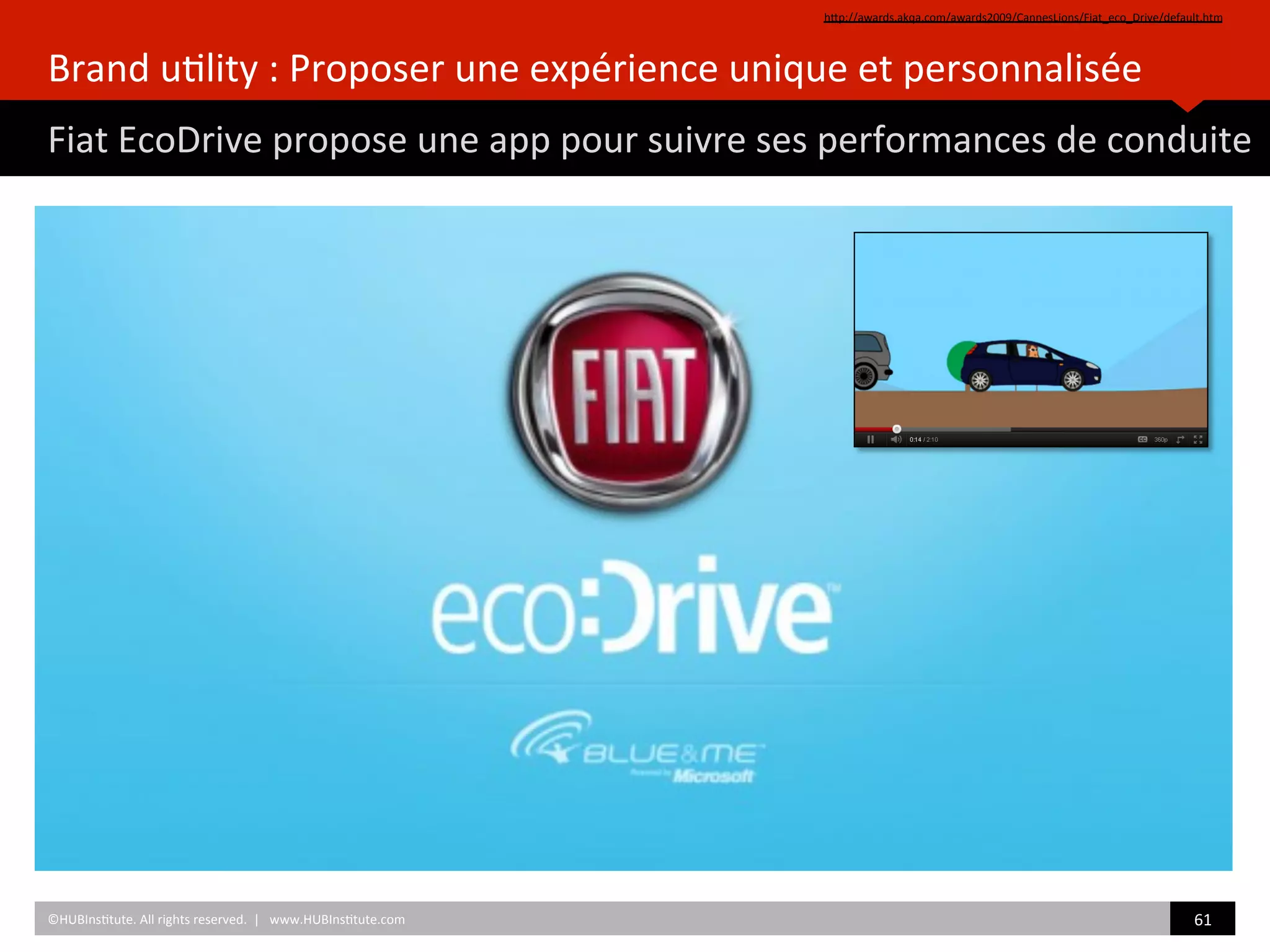 Brand	
  u)lity	
  :	
  Proposer	
  une	
  expérience	
  unique	
  et	
  personnalisée	
  
Fiat	
  EcoDrive	
  propose	
  une	
  app	
  pour	
  suivre	
  ses	
  performances	
  de	
  conduite	
  
hZp://awards.akqa.com/awards2009/CannesLions/Fiat_eco_Drive/default.htm	
  	
  
©HUBIns)tute.	
  All	
  rights	
  reserved.	
  	
  |	
  	
  	
  www.HUBIns)tute.com	
   61	
  	
  
 