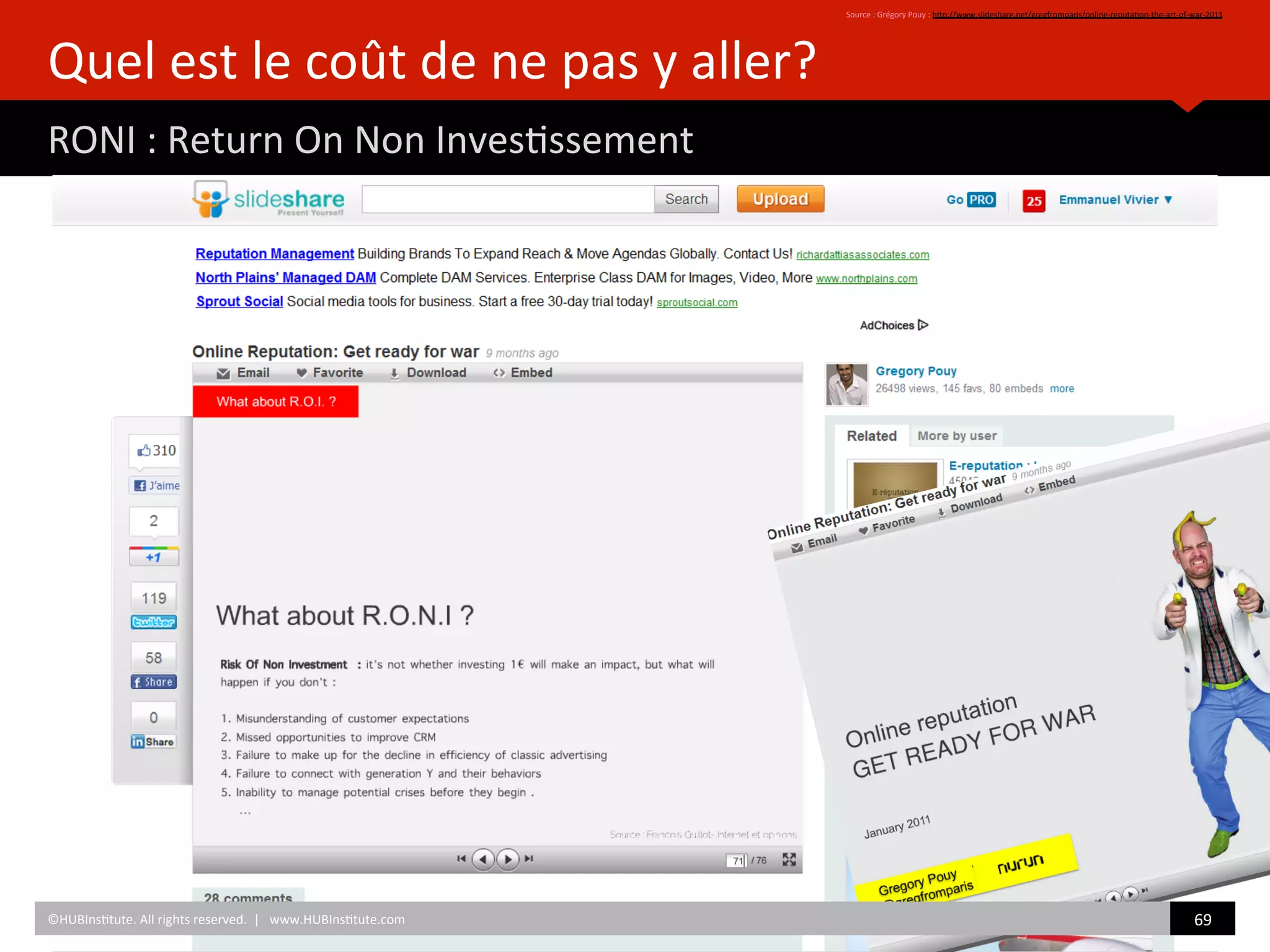 Quel	
  est	
  le	
  coût	
  de	
  ne	
  pas	
  y	
  aller?	
  
RONI	
  :	
  Return	
  On	
  Non	
  Inves)ssement	
  
	
  Source	
  :	
  Grégory	
  Pouy	
  :	
  hZp://www.slideshare.net/gregfromparis/online-­‐reputa)on-­‐the-­‐art-­‐of-­‐war-­‐2011	
  	
  
69	
  	
  ©HUBIns)tute.	
  All	
  rights	
  reserved.	
  	
  |	
  	
  	
  www.HUBIns)tute.com	
  
 
