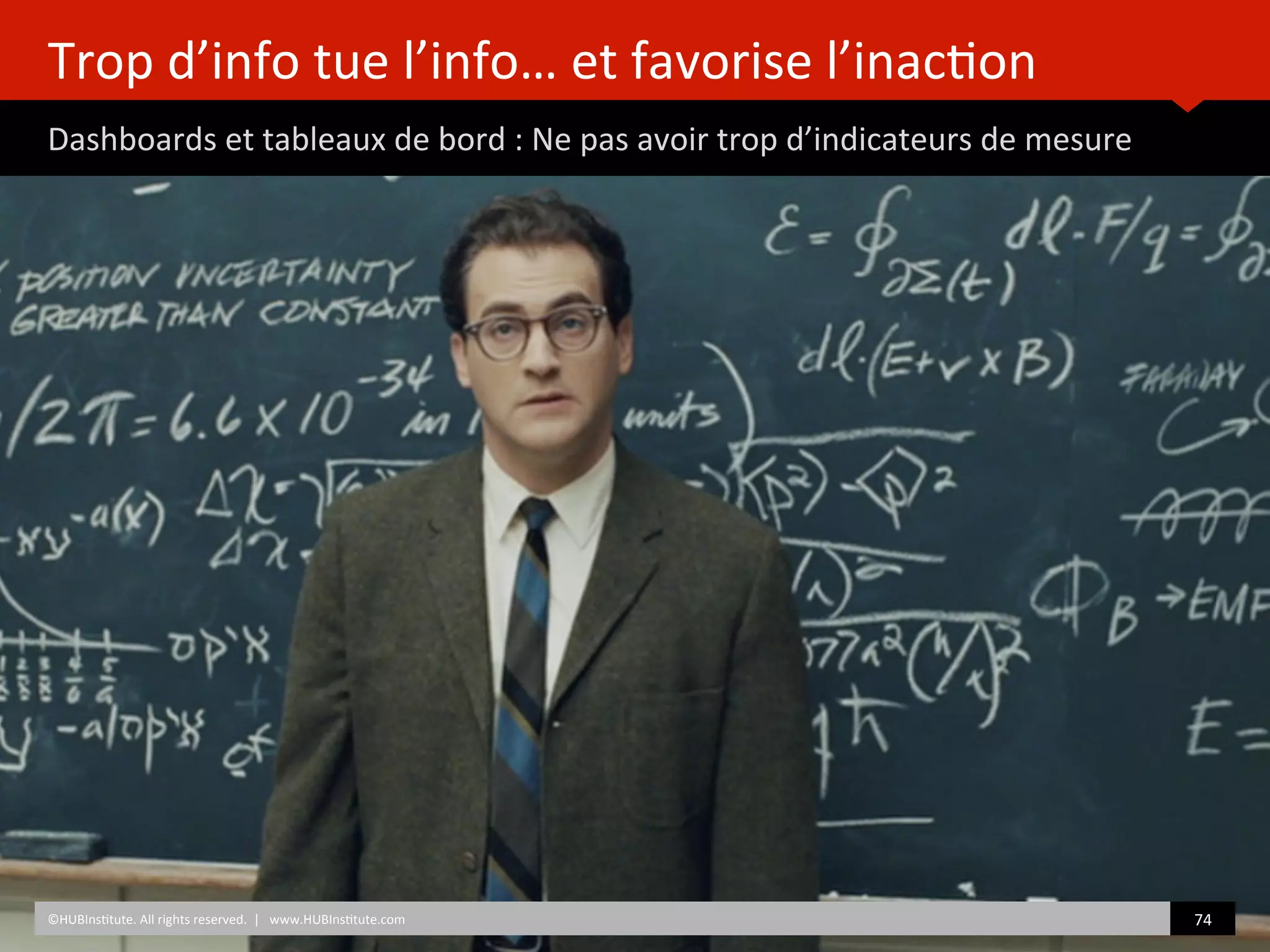 Trop	
  d’info	
  tue	
  l’info…	
  et	
  favorise	
  l’inac)on	
  
Dashboards	
  et	
  tableaux	
  de	
  bord	
  :	
  Ne	
  pas	
  avoir	
  trop	
  d’indicateurs	
  de	
  mesure	
  
	
  	
  
74	
  	
  ©HUBIns)tute.	
  All	
  rights	
  reserved.	
  	
  |	
  	
  	
  www.HUBIns)tute.com	
  
 