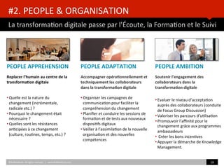 #2.	
  PEOPLE	
  &	
  ORGANISATION	
  
La	
  transforma)on	
  digitale	
  passe	
  par	
  l’Écoute,	
  la	
  Forma)on	
  et	
  le	
  Suivi	
  
©HUBIns)tute.	
  All	
  rights	
  reserved.	
  	
  |	
  	
  	
  www.HUBIns)tute.com	
   18	
  	
  
PEOPLE	
  AMBITION	
  
	
  
Soutenir	
  l’engagement	
  des	
  
collaborateurs	
  dans	
  la	
  
transforma/on	
  digitale	
  
	
  
• Evaluer	
  le	
  niveau	
  d’accepta)on	
  
auprès	
  des	
  collaborateurs	
  (conduite	
  
de	
  Focus	
  Group	
  Discussion)	
  
• Valoriser	
  les	
  parcours	
  d’u)lisa)on	
  
• Promouvoir	
  l’aﬃnité	
  pour	
  le	
  
changement	
  grâce	
  aux	
  programmes	
  
ambassadeurs	
  
• 	
  Créer	
  les	
  bons	
  incen)ves	
  
• Appuyer	
  la	
  démarche	
  de	
  Knowledge	
  
Management.	
  
PEOPLE	
  APPREHENSION	
  
	
  
Replacer	
  l’humain	
  au	
  centre	
  de	
  la	
  
transforma/on	
  digitale	
  
	
  
	
  
• Quelle	
  est	
  la	
  nature	
  du	
  	
  
changement	
  (incrémentale,	
  
radicale	
  etc.)	
  ?	
  
• Pourquoi	
  le	
  changement	
  était	
  
nécessaire	
  ?	
  
• Quelles	
  sont	
  les	
  résistances	
  
an)cipées	
  à	
  ce	
  changement	
  
(culture,	
  rou)nes,	
  temps,	
  etc.)	
  ?	
  
PEOPLE	
  ADAPTATION	
  
	
  
Accompagner	
  opéra/onnellement	
  et	
  
techniquement	
  les	
  collaborateurs	
  
dans	
  la	
  transforma/on	
  digitale	
  
	
  
• Organiser	
  les	
  campagnes	
  de	
  
communica)on	
  pour	
  faciliter	
  la	
  
compréhension	
  du	
  changement	
  
• Planiﬁer	
  et	
  conduire	
  les	
  sessions	
  de	
  
forma)on	
  et	
  de	
  tests	
  aux	
  nouveaux	
  
disposi)fs	
  digitaux	
  
• Veiller	
  à	
  l’assimila)on	
  de	
  la	
  nouvelle	
  
organisa)on	
  et	
  des	
  nouvelles	
  
compétences	
  	
  	
  
 