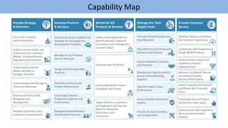 Provide Customer
Service
Manage the Total
Supply Chain
Market & Sell
Products & Services
Develop Products
& Services
Provide Strategy
& Direction
Capability Map
Focus the Customer
Value Proposition
Collect, communicate, and
Understand the Customer,
Market, Competitive and
Regulatory Environment
Understand Customer
Needs and Map to
Strategic Direction
Communicate and Manage to
Goals and Measures
Develop and Direct Risk
Mitigation and
Management
Develop and Direct Lean/
Continuous Improvement
Continually Assess Viability and
Strategic Fit and Adapt the
Development Portfolio
Manage the Full Product
Service Life Cycle
Design and Prototype New
Products
Pilot New Products and
Product Refinements
Continually Improve
Production Capacity and
Performance
Manage Iterative Release/
Certification Processes
Gather and analyze data to
Identify Markets, Segment
Customers, and Leverage the
Customer Base
Communicate the Brand
Continually Adapt Product
Packaging and Pricing
Target Markets, Customers,
and Segments and Execute
Plans for Attraction,
Acquisition, and
Conversion
Forecast Finished Goods and
Raw Materials
Plan Materials and Production
Demand and Capacity
Acquire Materials, Services,
and Products
Develop and Operate and/or
Acquire Manufacturing
Capacity
Optimize Supply Chain
Performance
Assure Product and Service
Quality
Provide On-Site Assembly
and Configuration
Develop, Deploy, and Deliver
the Customer Experience
Collaborate with Customers to
Design/Build Products
Analyze Service Issues and
Implement Process
Improvements
Measure and Report Service
and product Quality
Delivery Performance
Assess Customer Satisfaction
and Report Net Promoter
Score
Proactively Assure Product
Satisfaction (Save Sales)
Communicate with Customers
via any communication
channel
 