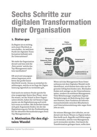 Advatera. Digitale Transformation. 3 
Wenn sich das Management Ihres Unter-nehmens 
mit dem Digitalen Wandel nicht 
identifiziert, wird diesem kein oder nur be-grenzter 
Erfolg beschieden sein. Blockaden 
finden sich weniger an der Unternehmens-spitze, 
sondern im mittleren Management. 
Viele Mittelmanager empfinden digitale 
Veränderungen als Bedrohung ihrer eige-nen 
Position, ihrer Funktion als Informa-tionsschnittstelle 
zwischen Mitarbeitern 
und Unternehmensleitung oder sogar ihres 
Jobs an sich. 
Sie müssen Manager dort abholen, wo sie 
derzeit mit ihrem Wissen zu Digital stehen. 
Dies heißt auch, Begriffe und Erklärungen 
zu verwenden, welche vom Management 
auch verstanden werden. Und damit die 
Transformation gelingen kann, sollte dem 
Sechs Schritte zur 
digitalen Transformation 
Ihrer Organisation 
1. Status quo 
Zu Beginn ist es wichtig, 
sich einen Überblick zu 
verschaffen. An welchem 
Punkt der digitalen Trans-formation 
befindet sich 
Ihr Unternehmen? 
Wo steht die Organisation 
derzeit und was sind die 
Pain-points welche das 
Top-Management näch-tens 
wachhalten? 
Oft wird mit Lösungsan-sätzen 
begonnen noch 
bevor das große Ganze 
überblickt wurde. Genau so entstehen 
Insellösungen, welche es im Zuge der Di-gitalisierung 
eigentlich zu vermeiden und 
aufzulösen gilt. 
Und noch ein weiterer Punkt spricht für 
eine ausgeprägte Status Quo Phase: wenn 
Sie wissen, wo der Schuh in Ihrer Organi-sation 
drückt, haben Sie viel bessere Argu-mente 
um die Digitalisierung auch wirk-lich 
voran zu treiben. Mit Sicherheit lassen 
sich gute Argumente finden, bei der die 
Digitalisierung ein Teil der Problemlösung 
für die aktuellen Herausforderungen Ihres 
Top-Managements ist. 
2. Motivation für den digi-talen 
Wandel 
 