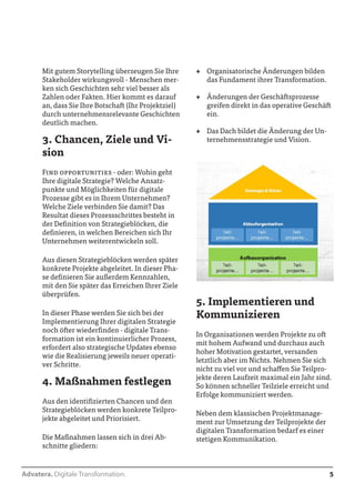 Advatera. Digitale Transformation. 5 
Mit gutem Storytelling überzeugen Sie Ihre 
Stakeholder wirkungsvoll - Menschen mer-ken 
sich Geschichten sehr viel besser als 
Zahlen oder Fakten. Hier kommt es darauf 
an, dass Sie Ihre Botschaft (Ihr Projektziel) 
durch unternehmensrelevante Geschichten 
deutlich machen. 
3. Chancen, Ziele und Vi-sion 
Find opportunities - oder: Wohin geht 
Ihre digitale Strategie? Welche Ansatz-punkte 
und Möglichkeiten für digitale 
Prozesse gibt es in Ihrem Unternehmen? 
Welche Ziele verbinden Sie damit? Das 
Resultat dieses Prozessschrittes besteht in 
der Definition von Strategieblöcken, die 
definieren, in welchen Bereichen sich Ihr 
Unternehmen weiterentwickeln soll. 
Aus diesen Strategieblöcken werden später 
konkrete Projekte abgeleitet. In dieser Pha-se 
definieren Sie außerdem Kennzahlen, 
mit denen Sie später das Erreichen Ihrer 
Ziele überprüfen. 
In dieser Phase werden Sie sich bei der 
Implementierung Ihrer digitalen Strategie 
noch öfter wiederfinden - digitale Trans-formation 
ist ein kontinuierlicher Prozess, 
erfordert also strategische Updates ebenso 
wie die Realisierung jeweils neuer operati-ver 
Schritte. 
4. Maßnahmen festlegen 
Aus den identifizierten Chancen und den 
Strategieblöcken werden konkrete Teilpro-jekte 
abgeleitet und priorisiert. 
Die Maßnahmen lassen sich in drei Ab-schnitte 
gliedern: 
++ Organisatorische Änderungen bilden 
das Fundament Ihrer Transformation. 
++ Änderungen der Geschäftsprozesse 
greifen direkt in das operative Geschäft 
ein. 
++ Das Dach bildet die Änderung der Un-ternehmensstrategie 
und Vision. 
5. Implementieren und 
Kommunizieren 
In Organisationen werden Projekte zu oft 
mit hohem Aufwand und durchaus auch 
hoher Motivation gestartet, versanden 
letztlich aber im Nichts. Nehmen Sie sich 
nicht zu viel vor und schaffen Sie Teilpro-jekte 
deren Laufzeit maximal ein Jahr sind. 
So können schneller Teilziele erreicht und 
Erfolge kommuniziert werden. 
Neben dem klassischen Projektmanage-ment 
zur Umsetzung der Teilprojekte der 
digitalen Transformation bedarf es einer 
stetigen Kommunikation. 
 