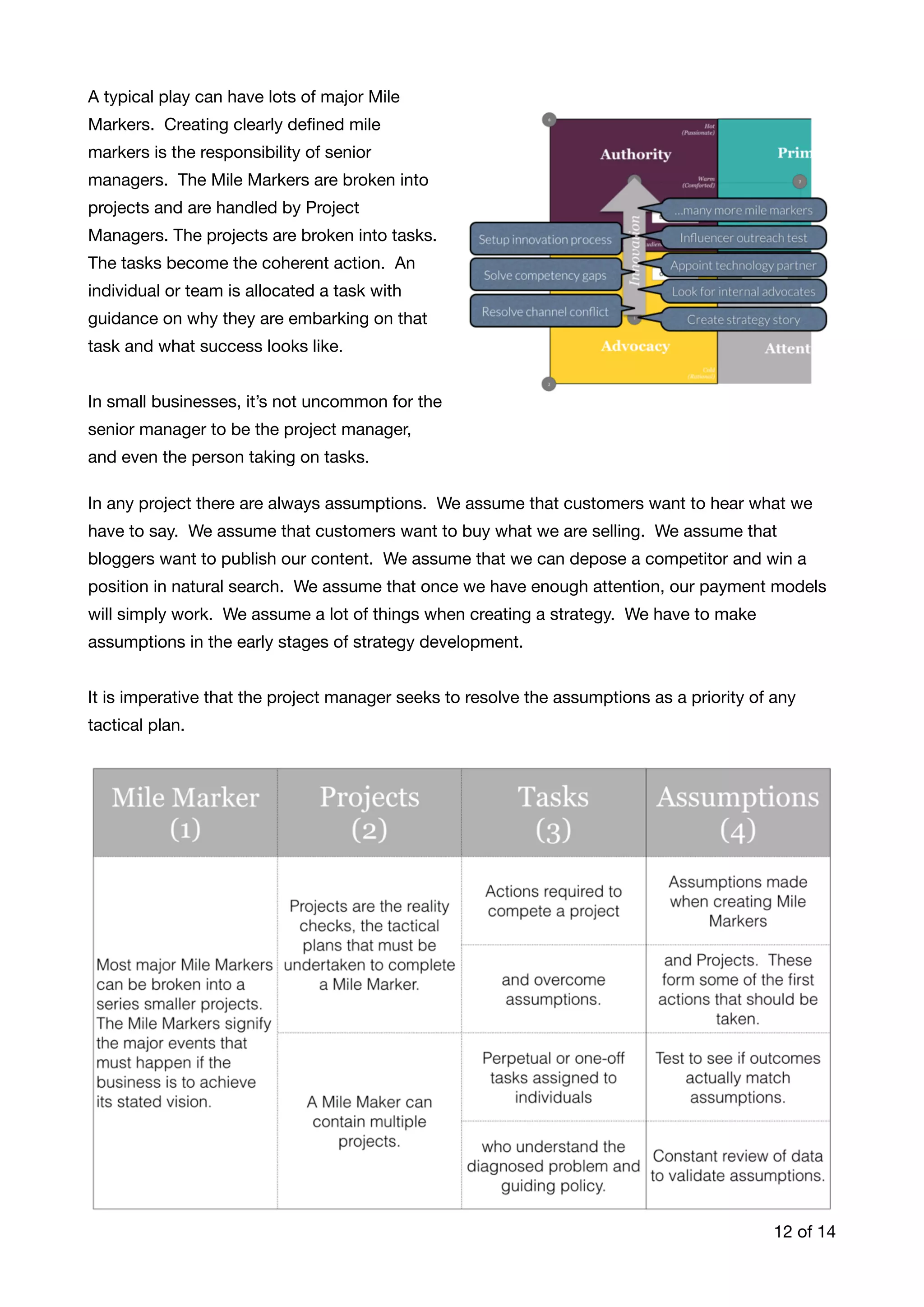 A typical play can have lots of major Mile
Markers. Creating clearly deﬁned mile
markers is the responsibility of senior
managers. The Mile Markers are broken into
projects and are handled by Project
Managers. The projects are broken into tasks.
The tasks become the coherent action. An
individual or team is allocated a task with
guidance on why they are embarking on that
task and what success looks like. 

In small businesses, it’s not uncommon for the
senior manager to be the project manager,
and even the person taking on tasks. 
In any project there are always assumptions. We assume that customers want to hear what we
have to say. We assume that customers want to buy what we are selling. We assume that
bloggers want to publish our content. We assume that we can depose a competitor and win a
position in natural search. We assume that once we have enough attention, our payment models
will simply work. We assume a lot of things when creating a strategy. We have to make
assumptions in the early stages of strategy development. 

It is imperative that the project manager seeks to resolve the assumptions as a priority of any
tactical plan. 

of12 14
 