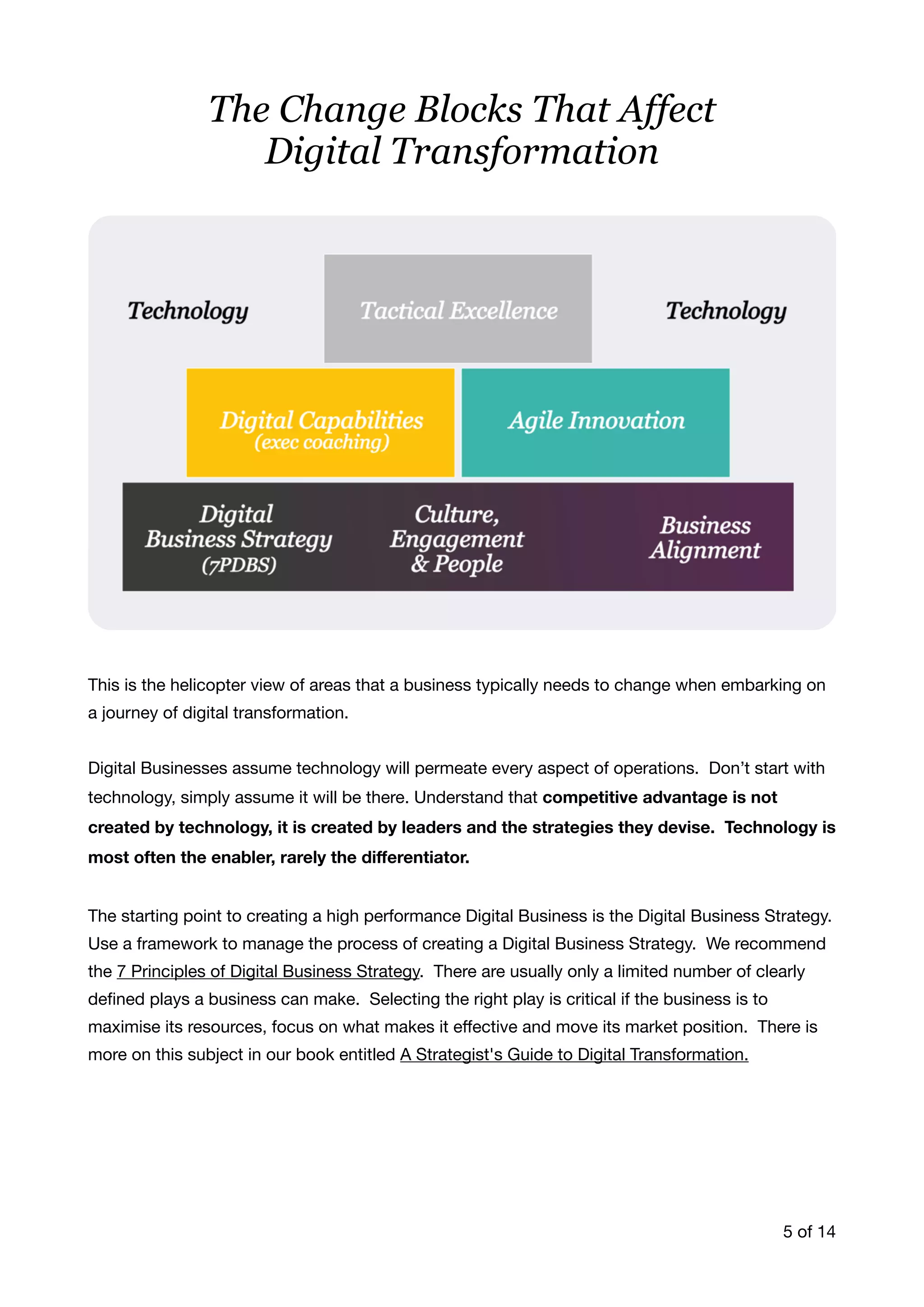 The Change Blocks That Affect  
Digital Transformation
This is the helicopter view of areas that a business typically needs to change when embarking on
a journey of digital transformation. 

Digital Businesses assume technology will permeate every aspect of operations. Don’t start with
technology, simply assume it will be there. Understand that competitive advantage is not
created by technology, it is created by leaders and the strategies they devise. Technology is
most often the enabler, rarely the diﬀerentiator.
The starting point to creating a high performance Digital Business is the Digital Business Strategy.
Use a framework to manage the process of creating a Digital Business Strategy. We recommend
the 7 Principles of Digital Business Strategy. There are usually only a limited number of clearly
deﬁned plays a business can make. Selecting the right play is critical if the business is to
maximise its resources, focus on what makes it eﬀective and move its market position. There is
more on this subject in our book entitled A Strategist's Guide to Digital Transformation. 

of5 14
 