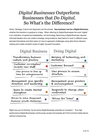 Vision, Strategy, Culture and Approach are the answer. Any business can be a Digital Business,
whether the transition is gradual or a leap. When referring to Digital Businesses the word ‘digital’
is an indication of speed and adaptability, not technology. Becoming a Digital Business requires
informed leaders who can create a strategy using evidence, lead teams to work in diﬀerent ways,
educate themselves and their peers on how to approach challenges using data driven decision
making and create constant cycles of agile, focused innovation.

Right now you’re thinking “we do some Digital Business activities on occasion”. True high
performance Digital Businesses continuously accept and practise all of the functions listed above,
without compromise.

of4 14
Digital Businesses Outperform  
Businesses that Do Digital.  
So What’s the Difference?
 