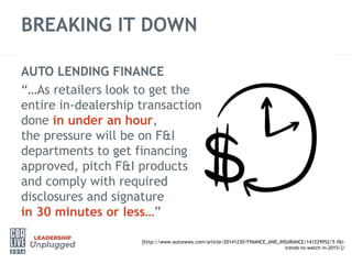 BREAKING IT DOWN
[http://www.autonews.com/article/20141230/FINANCE_AND_INSURANCE/141229952/5-f&i-
trends-to-watch-in-2015/]/
AUTO LENDING FINANCE
“…As retailers look to get the
entire in-dealership transaction
done in under an hour,
the pressure will be on F&I
departments to get financing
approved, pitch F&I products
and comply with required
disclosures and signature
in 30 minutes or less…”
 
