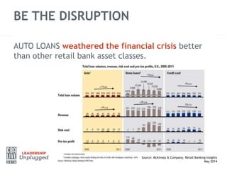 BE THE DISRUPTION
AUTO LOANS weathered the financial crisis better
than other retail bank asset classes.
Source: McKinsey & Company, Retail Banking Insights
May 2014
 