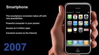 2007
The smartphone revolution takes off with
new possibilities
Powerful computer in your pocket
Access to 4 million apps
Constant access to the Internet
Smartphone
 