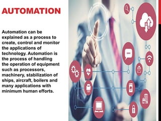AUTOMATION
Automation can be
explained as a process to
create, control and monitor
the applications of
technology. Automation is
the process of handling
the operation of equipment
such as processors,
machinery, stabilization of
ships, aircraft, boilers and
many applications with
minimum human efforts.
 