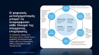 Ο ψηφιακός
μετασχηματισμός
μπορεί να
αναμορφώσει
κάθε πλευρά της
σύγχρονης
επιχείρησης
Το παρακάτω σχήμα από
McKinsey (2013), εξηγεί πως ο
ψηφιακός μετασχηματισμός
φέρνει αξία στις επιχειρήσεις
καθώς αναμορφώνει κάθε
πλευρά αυτής:
Economics for Business Executives - Nota Stavrou
 