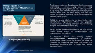 Μεταμόρφωση των
Επιχειρηματικών Μοντέλων και
της Αγοράς
Το κάτω μισό τμήμα του διαγράμματος εξηγεί πιο ακραίες
μετατοπίσεις – κάποιες φορές μέσα από νέες
καταναλωτικές συμπεριφορές και αξίες (κάτω αριστερά),
άλλες φορές μέσα από επανασχεδιασμένα επιχειρηματικά
μοντέλα (κάτω δεξιά) και άλλες φορές μέσα από την
ύπαρξη προηγμένων ψηφιακών πλατφορμών (hyperscale
platforms) (κάτω κέντρο).
Καθώς οι αγορές εξελίσσονται οι προσδοκίες των
καταναλωτών κλιμακώνουν. Μέσω του ψηφιακού
μετασχηματισμού οι εταιρίες απαντούν στις προσδοκίες
αυτές και παράλληλα δημιουργούν νέες.
Οι νέες ανάγκες των καταναλωτών και οι νέες αξίες που οι
εταιρίες δίνουν απαιτεί τον επανασχεδιασμό τον
επιχειρηματικών συστημάτων.
Η παρουσία δίνουν στις εταιρίες τεράστια
λειτουργικhyperscale πλατφορμών ή μόχλευση,
προσφέροντας μεταξύ άλλων την ευκαιρία για upsell και
cross-sell των προϊόντων τους χωρίς την ανάμιξη του
ανθρώπινου παράγοντα κάτι το οποίο δίνει μεγάλα
οικονομικά οφέλη.
2. Ακραίες Μετατοπίσεις
Economics for Business Executives - Nota Stavrou
 