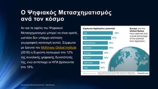 Ο Ψηφιακός Μετασχηματισμός
ανά τον κόσμο
Αν και τα οφέλη του Ψηφιακού
Μετασχηματισμού μπορεί να είναι ορατά,
ωστόσο δεν υπάρχει ισόποση
γεωγραφική κατανομή αυτού. Σύμφωνα
με έρευνα του McKinsey Global Institute
(2016) η Ευρώπη λειτουργεί στο 12%
της συνολικής ψηφιακής δυνατότητάς
της, ενώ αντίστοιχα οι ΗΠΑ βρίσκονται
στο 18%.
Economics for Business Executives - Nota Stavrou
 