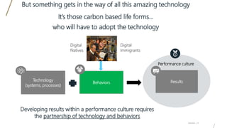 • Fact based dialogue
• Team based vs. individual
• Embedded & ingrained
Technology
(systems, processes)
• Fact based dialogue
• Team based vs. individual
• Embedded & ingrained
Behaviors
• Delivered and sustained
• Owned by organization
• Achieved by organization
Results
Developing results within a performance culture requires
the partnership of technology and behaviors
Advisian / 6
Performance culture
But something gets in the way of all this amazing technology
It’s those carbon based life forms…
who will have to adopt the technology
Digital
Natives
Digital
Immigrants
 