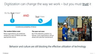 Advisian / 7© Advisian
Digitization can change the way we work – but you must trust it
Behavior and culture are still blocking the effective utilization of technology.
Conditional probability of failure
The random failure zone
Most organizations use predictive
analytics to warn of failure and take
appropriate actions
The wear-out zone
But if the telemetry predicts no
failures, most organizations still go
ahead with planned maintenance
Do You Trust it here?
AND Trust it here
 