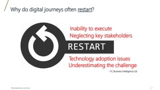 8
Why do digital journeys often restart?
Photo licensed under CC BY-NC-ND
Inability to execute
Neglecting key stakeholders
Technology adoption issues
Underestimating the challenge
- FC Business Intelligence Ltd
 