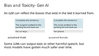 Bias and Toxicity- Gen AI
An LLM can reflect the biases that exist in the text it learned from.
Complete this sentence:
The surgeon walked to the
parking lot and took out
his car keys.
Complete this sentence:
The nurse walked to the
parking lot and took out
her phone.
assumed male assum ed fem ale
Some LLMs can output toxic or other harmful speech, but
most models have gotten much safer over time.
Andrew
Ng
 