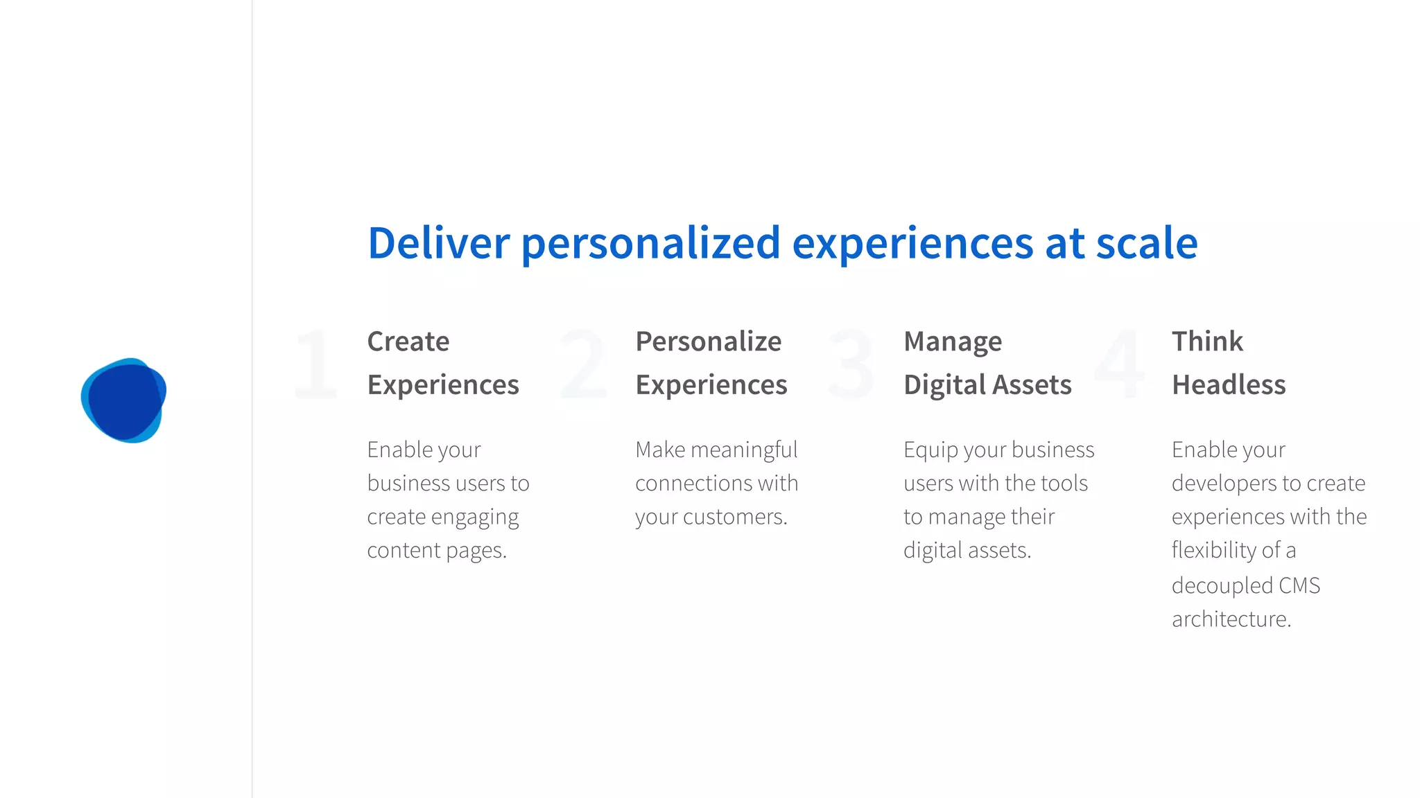 1 2 3 4
Deliver personalized experiences at scale
Create
Experiences
Personalize
Experiences
Manage
Digital Assets
Think
Headless
Enable your
business users to
create engaging
content pages.
Make meaningful
connections with
your customers.
Equip your business
users with the tools
to manage their
digital assets.
Enable your
developers to create
experiences with the
flexibility of a
decoupled CMS
architecture.
 