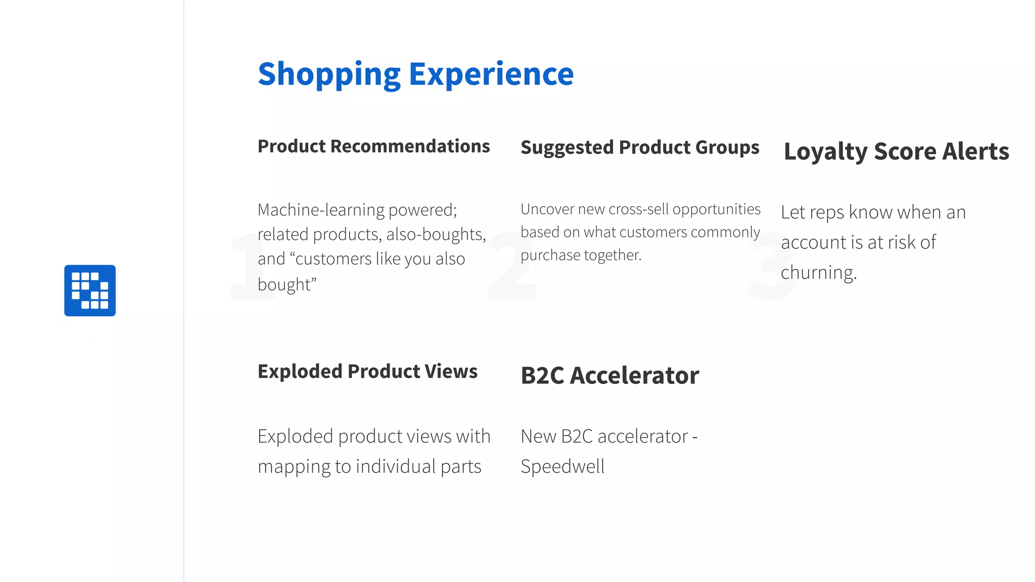 2 31Replace
with icon
100x100
Shopping Experience
Product Recommendations
Machine-learning powered;
related products, also-boughts,
and “customers like you also
bought”
Suggested Product Groups
Uncover new cross-sell opportunities
based on what customers commonly
purchase together.
Loyalty Score Alerts
Let reps know when an
account is at risk of
churning.
Exploded Product Views
Exploded product views with
mapping to individual parts
B2C Accelerator
New B2C accelerator -
Speedwell
 